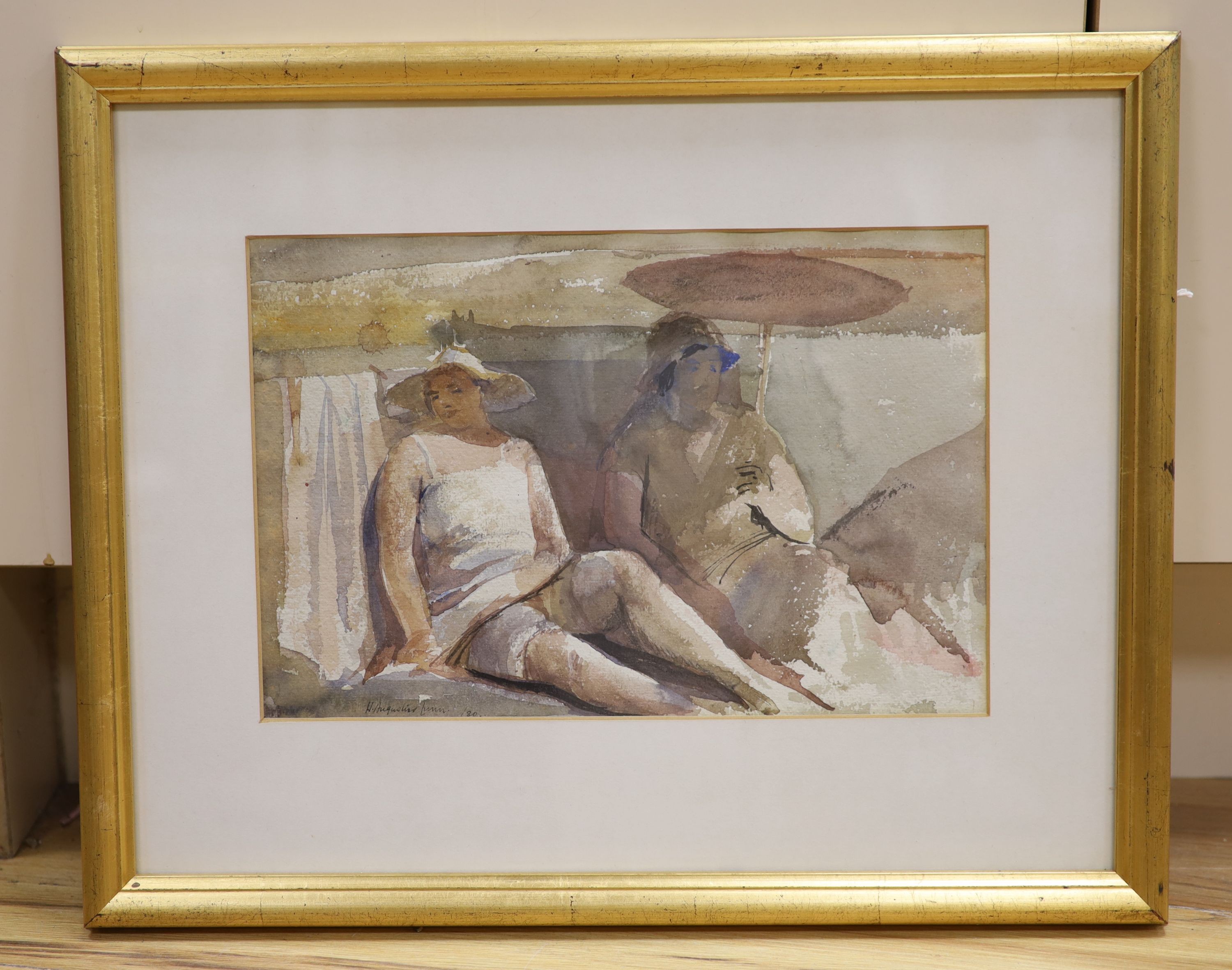 Augustus Lunn (1905-1986), watercolour, Sunbathers, signed and dated ‘30, 21 x 32cm.